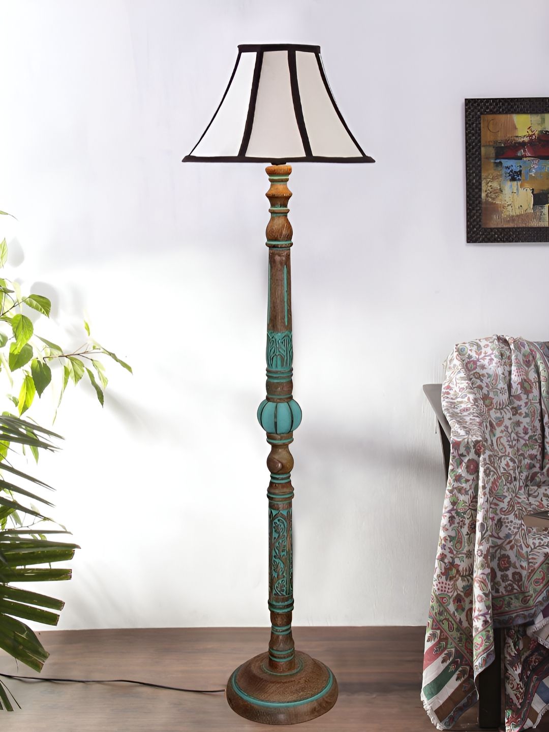 Devansh Off White & Turquoise Blue Frustum Shaped Traditional Wooden Floor Lamp