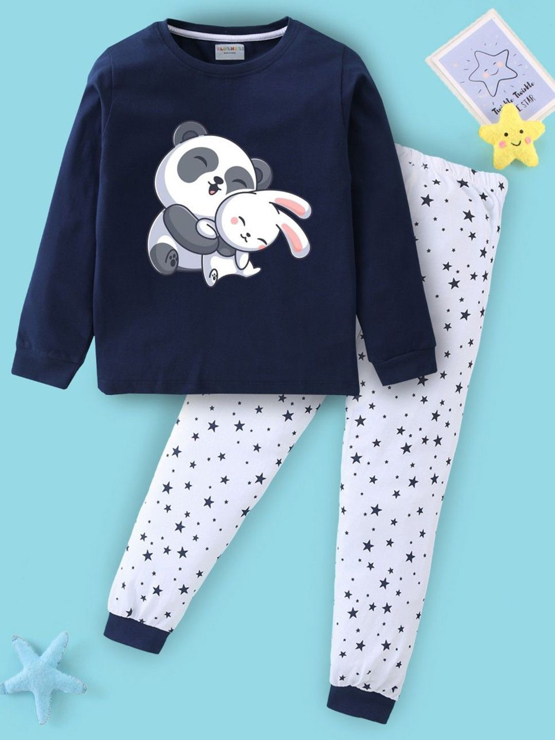 BLUSHES Kids Graphic Printed Pure Cotton T-Shirt & Trousers Night Suit