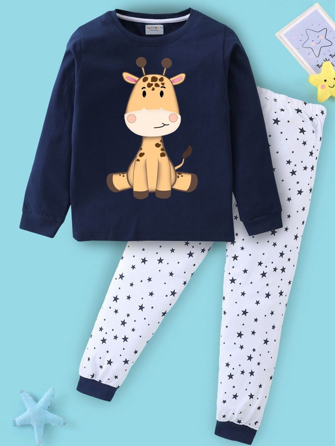 BLUSHES Kids Giraffe Printed Pure Cotton Night Suits