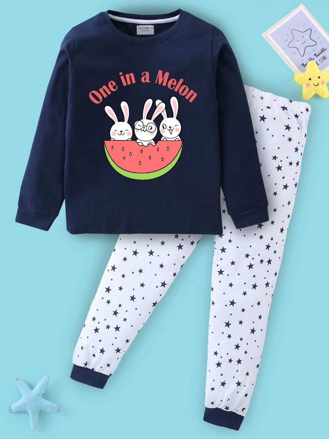 BLUSHES Kids Printed T-Shirt & Pyjamas Pure Cotton Night Suits