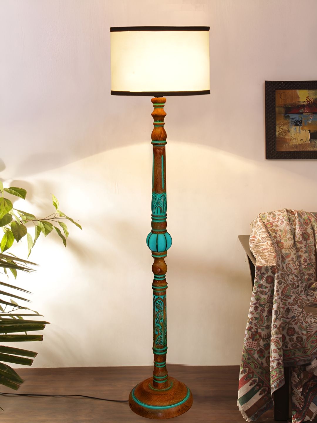Devansh Beige & White Cylinder Shaped Wooden Traditional Floor Lamp