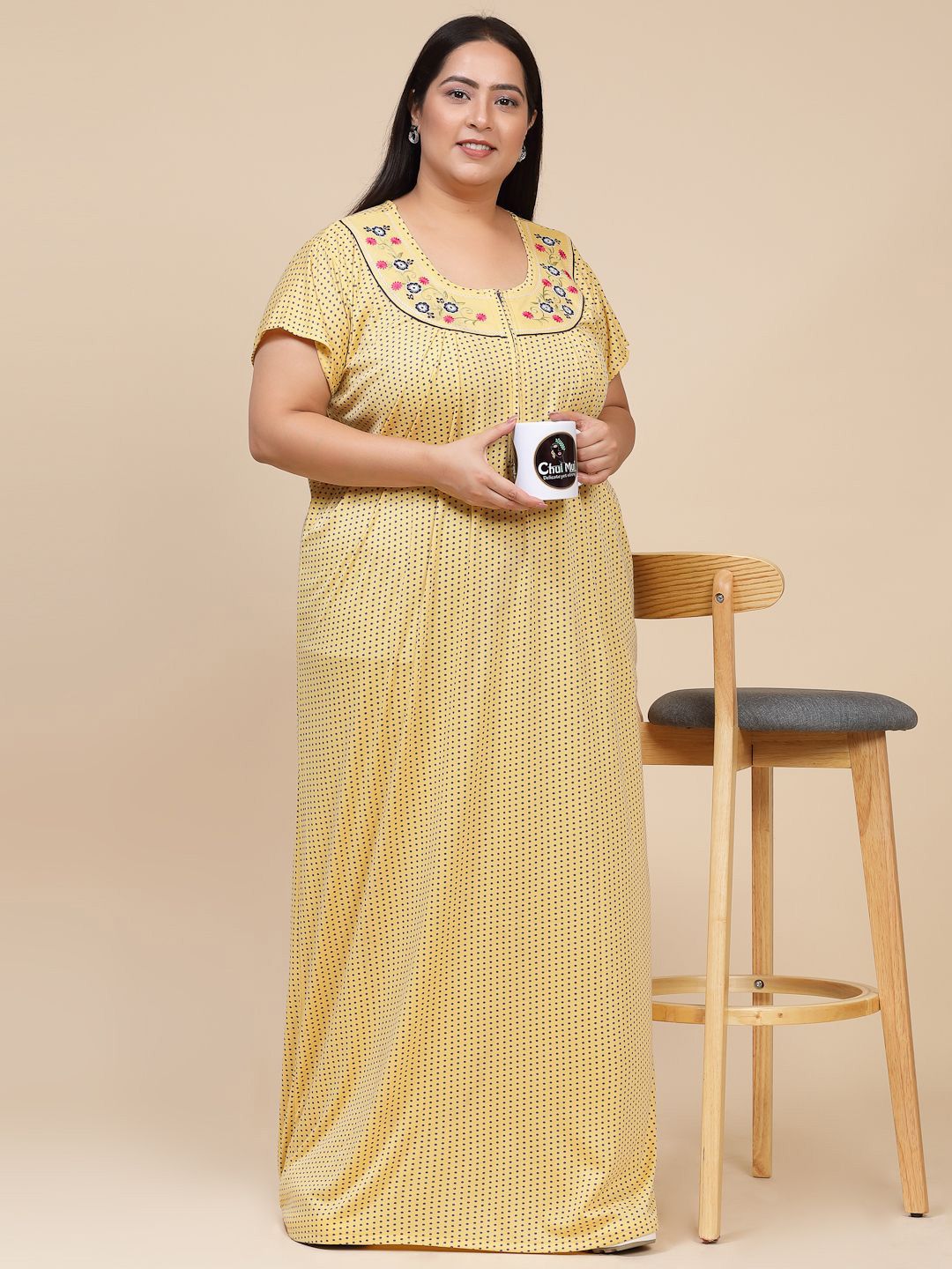 CHUI MUI Plus Size Women Polka Dot Printed Maxi Nightdress