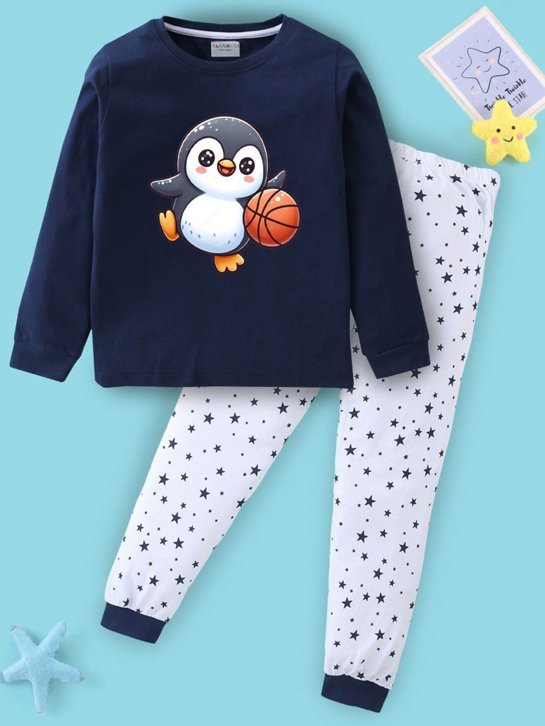 BLUSHES Kids Printed Round Neck Long Sleeves Pure Cotton T-Shirt & Trousers Night suit