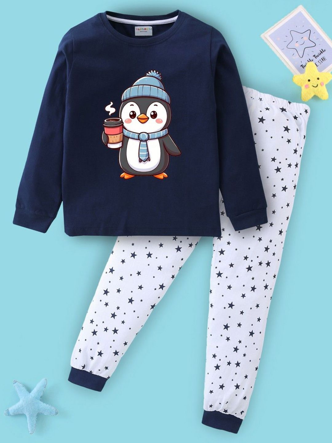 Blushes Kids Pure Cotton  penguin Printed T-shirt & Pyjama Night suits