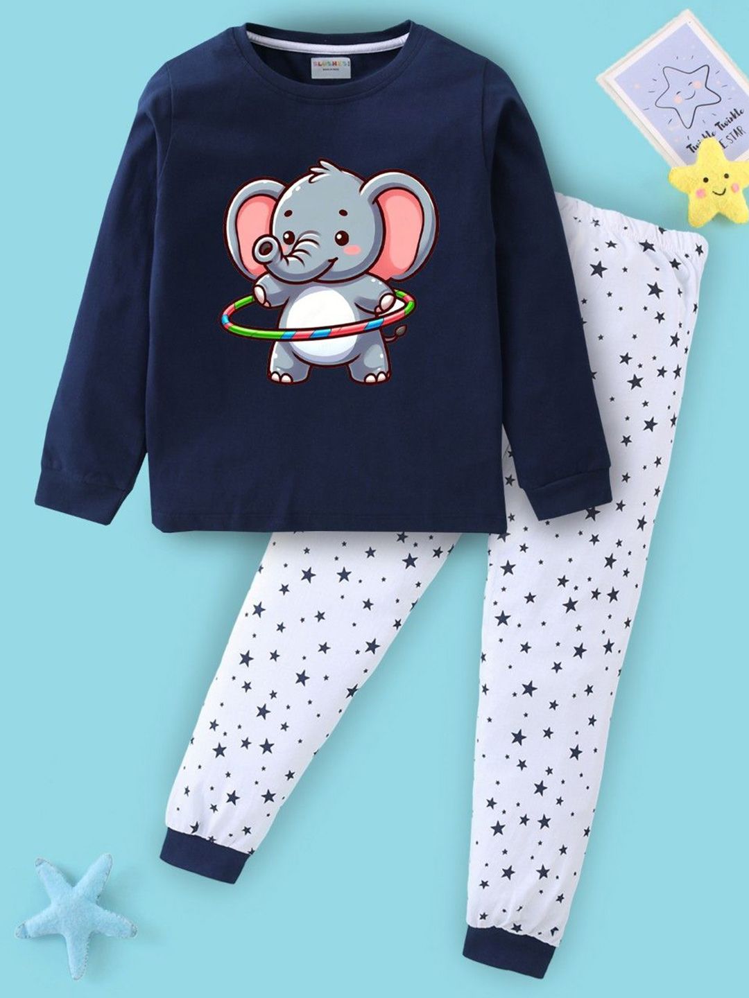 BLUSHES Kids Printed Pure Cotton T-Shirt & Trousers Night suit