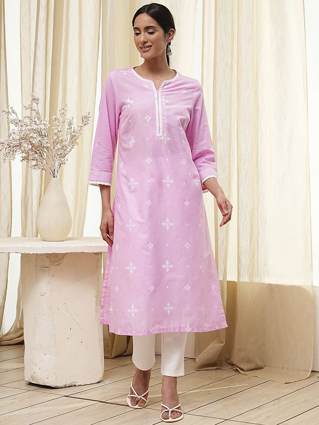 Biba Biba Floral Printed Thread Work Cotton Straight Kurta
