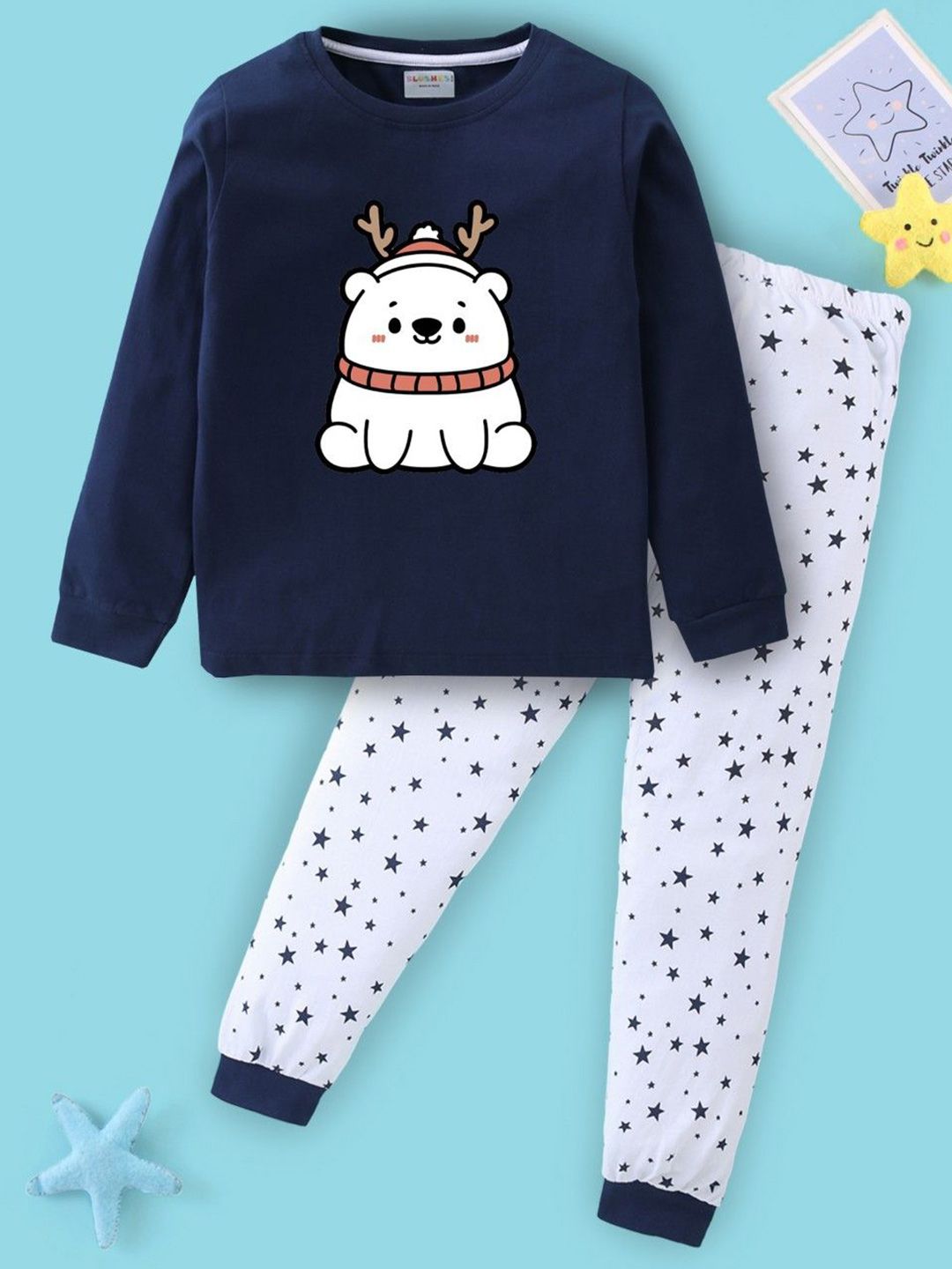 BLUSHES Kids Printed Round Neck Pure Cotton T-Shirt With Jogger