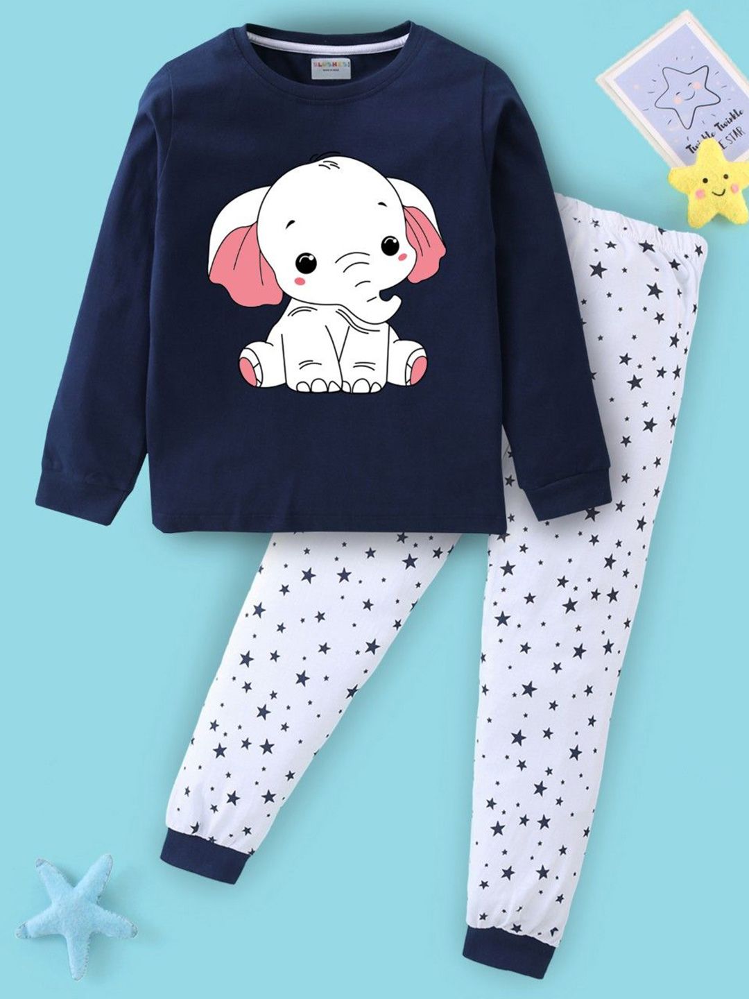BLUSHES Kids Sitting Elephant Printed Pure Cotton Night Suits