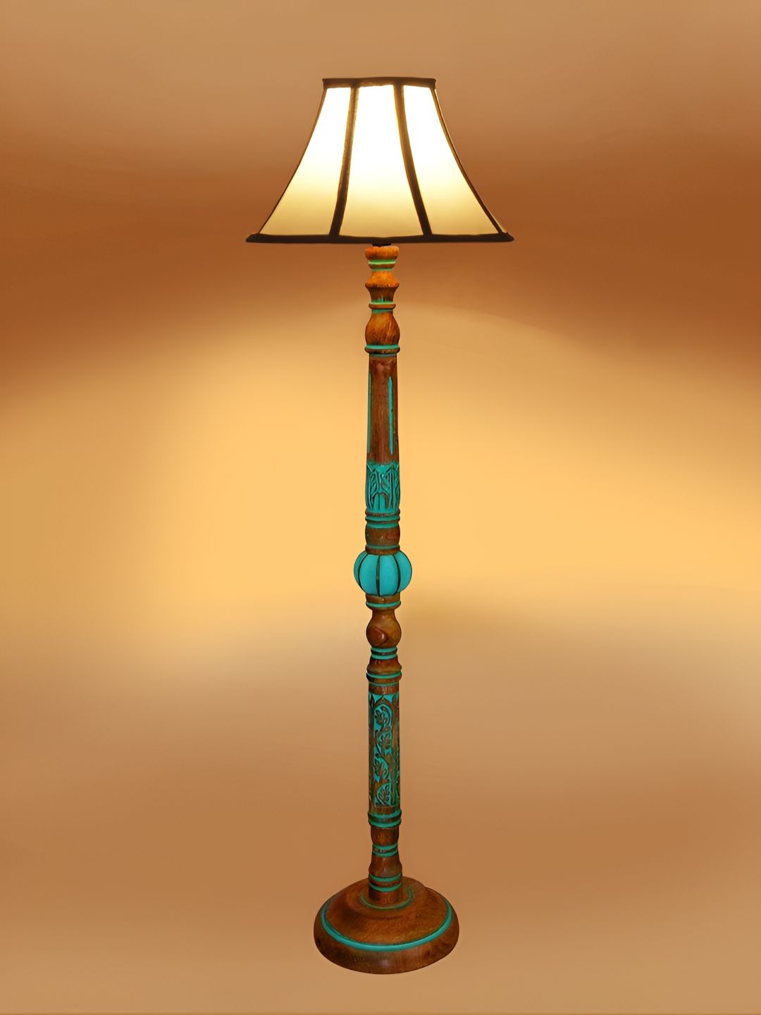 Devansh Beige Drum Shape Floor Lamp with Wooden Base
