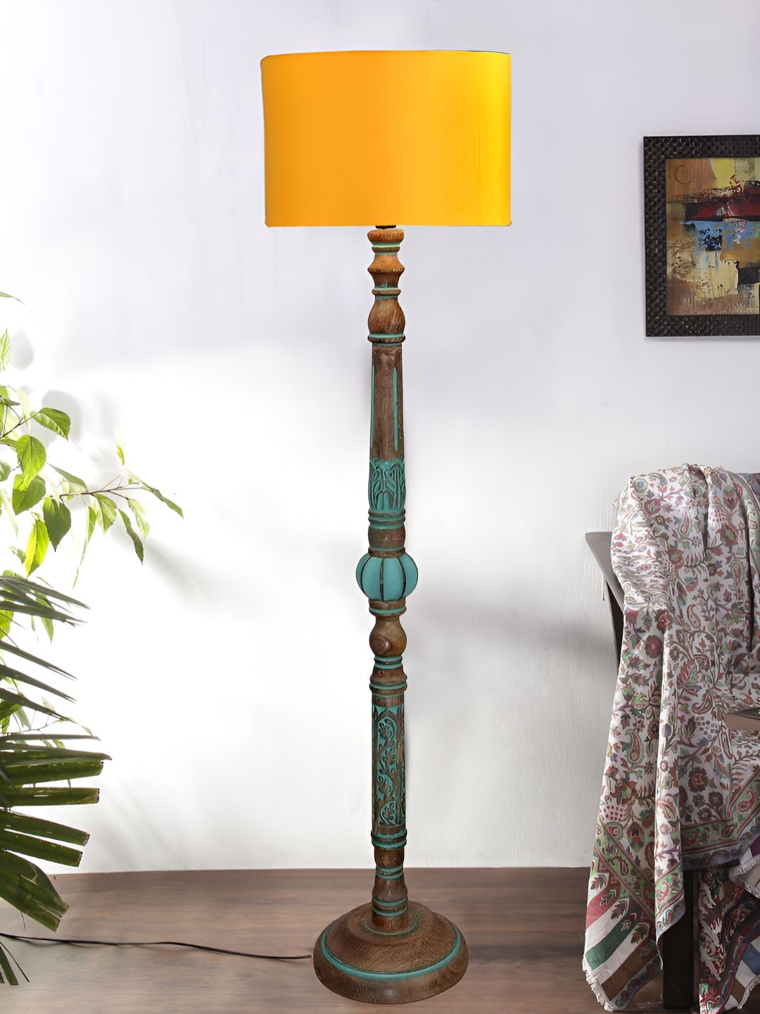 Devansh Yellow & Turquoise Blue Cylindrical Shape Wooden Floor Lamp