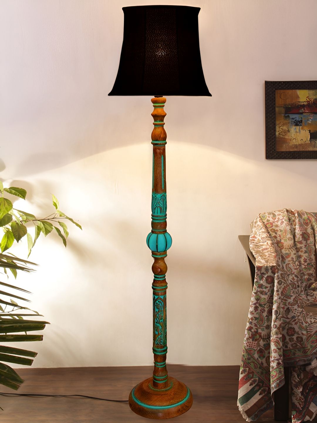 Devansh Black & Brown Cotton Drum Shade Wood Base Floor Lamps