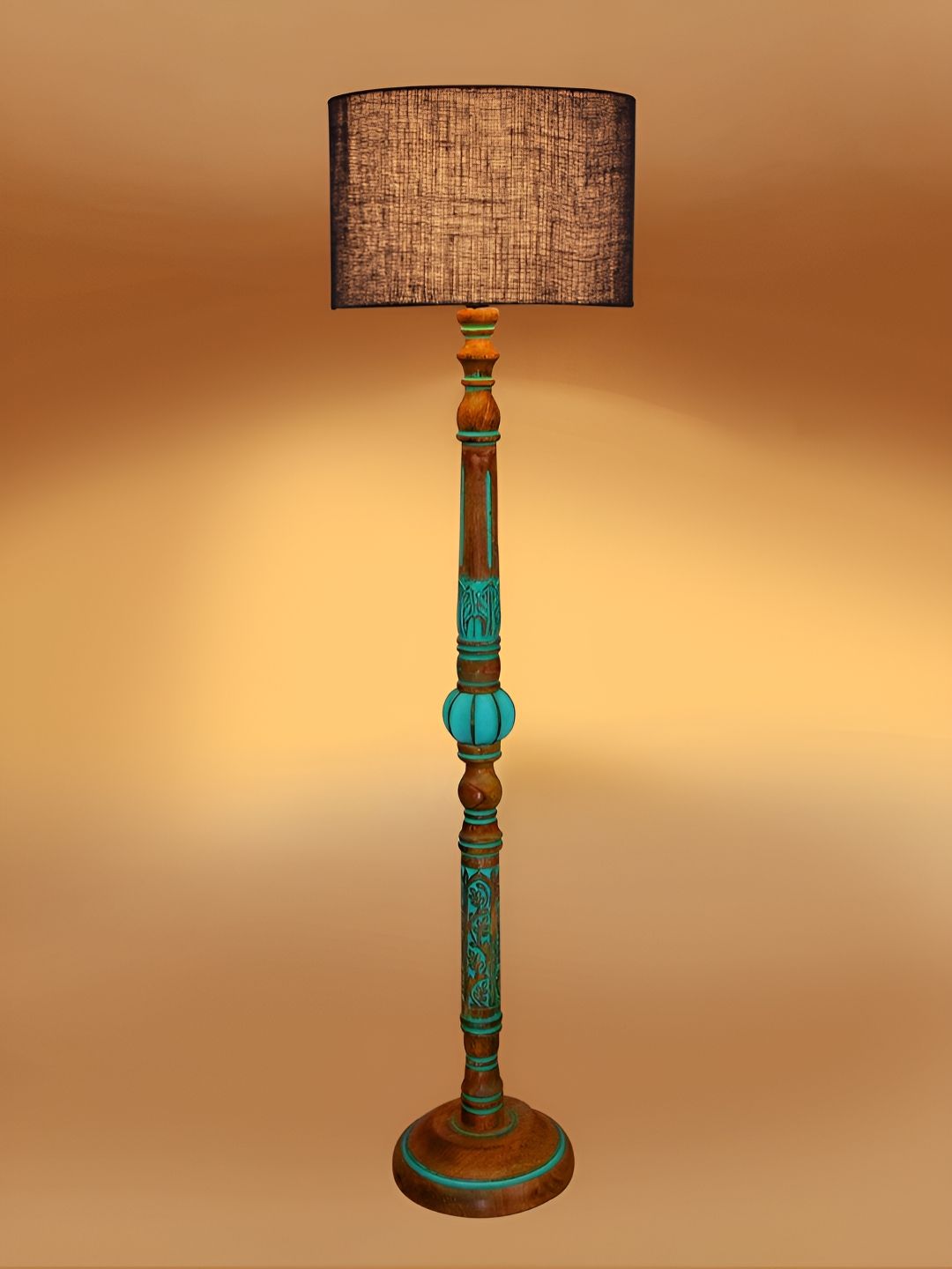 Devansh Black & Turquoise Blue Abstract Shaped Floor Lamp With Wooden Base