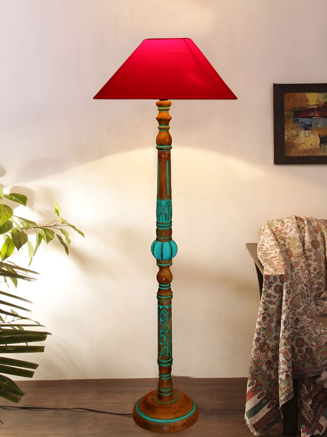 Devansh Red & Turquoise Blue Frustum Shaped Traditional Wooden Floor Lamp