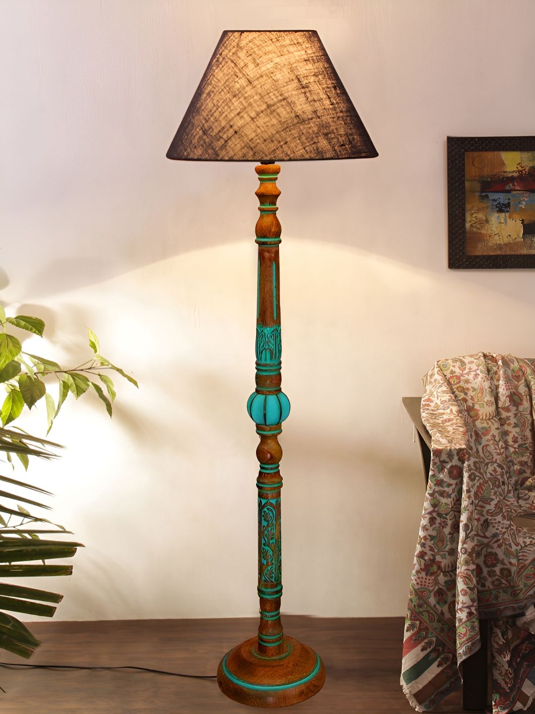 Devansh Blue And Brown Frustum Shaped Wooden Traditional Floor Lamp