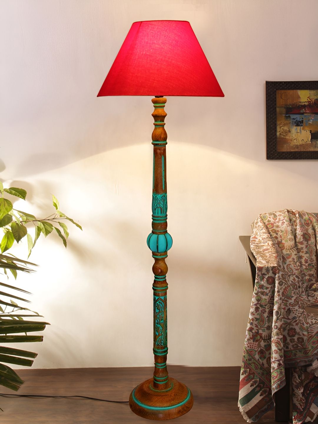 Devansh Red & Blue Frustum Shaped Wooden Traditional Floor Lamp