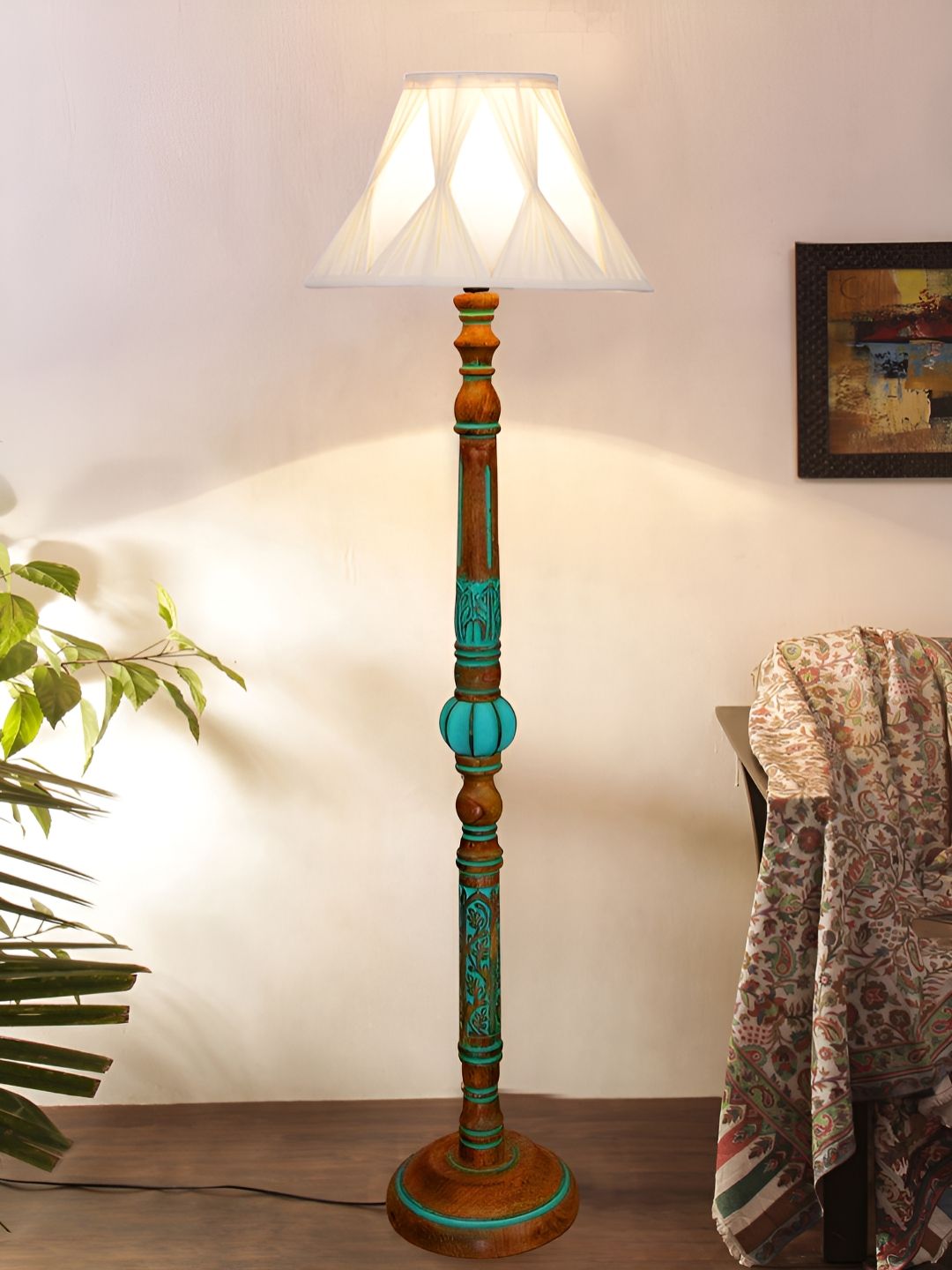 Devansh Off-White & Blue Frustum Shaped Wooden Traditional Floor Lamp