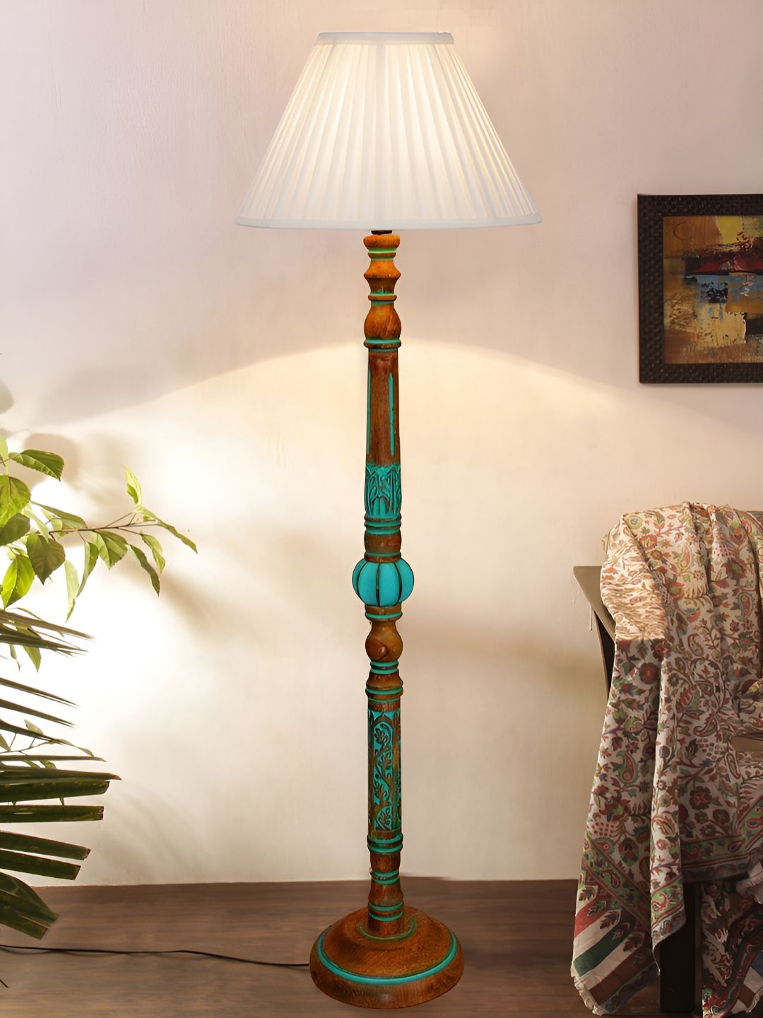 Devansh Off White & Blue Frustum Shaped Wooden Traditional Floor Lamp