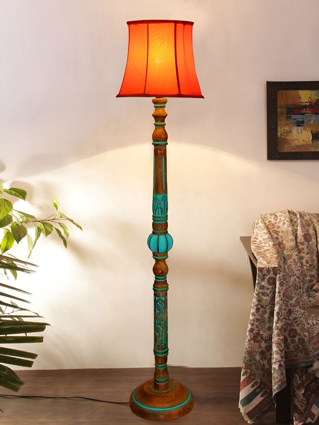 Devansh Orange & Turquoise Blue Frustum Shaped Traditional Wooden Floor Lamp