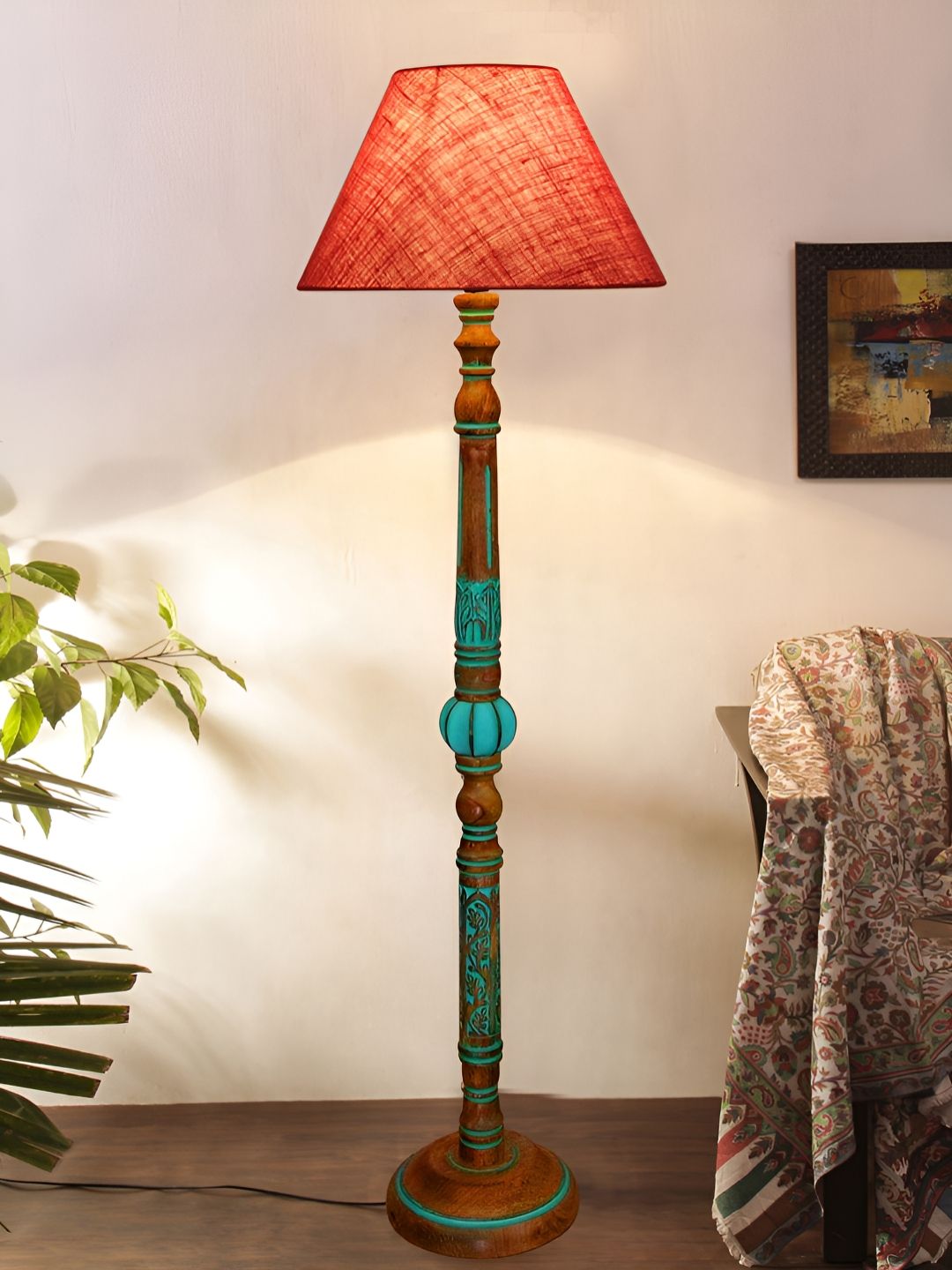 Devansh Pink & Turquoise Blue Frustum Shaped Traditional Wooden Floor Lamp