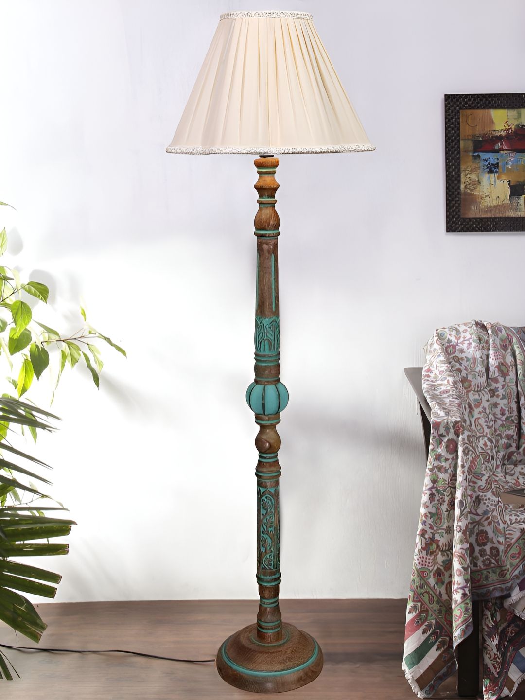 Devansh Off White & Blue Abstract Shaped Wooden Traditional Floor Lamp