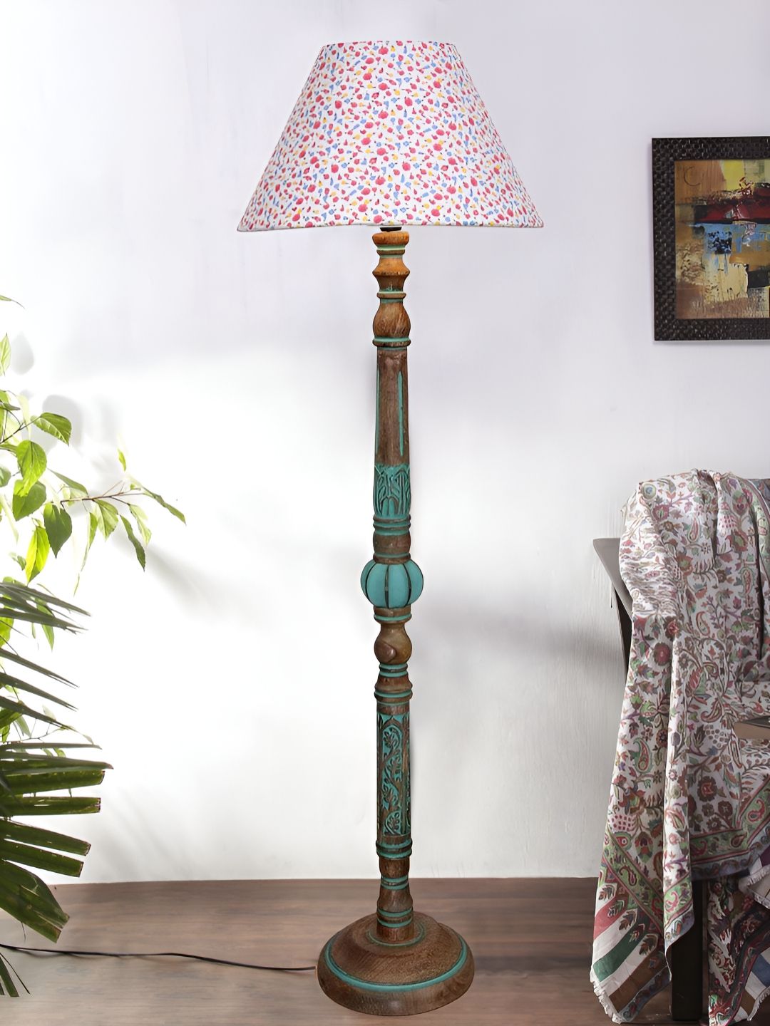 Devansh White & Blue Printed Frustum Shaped Wooden Traditional Floor Lamp