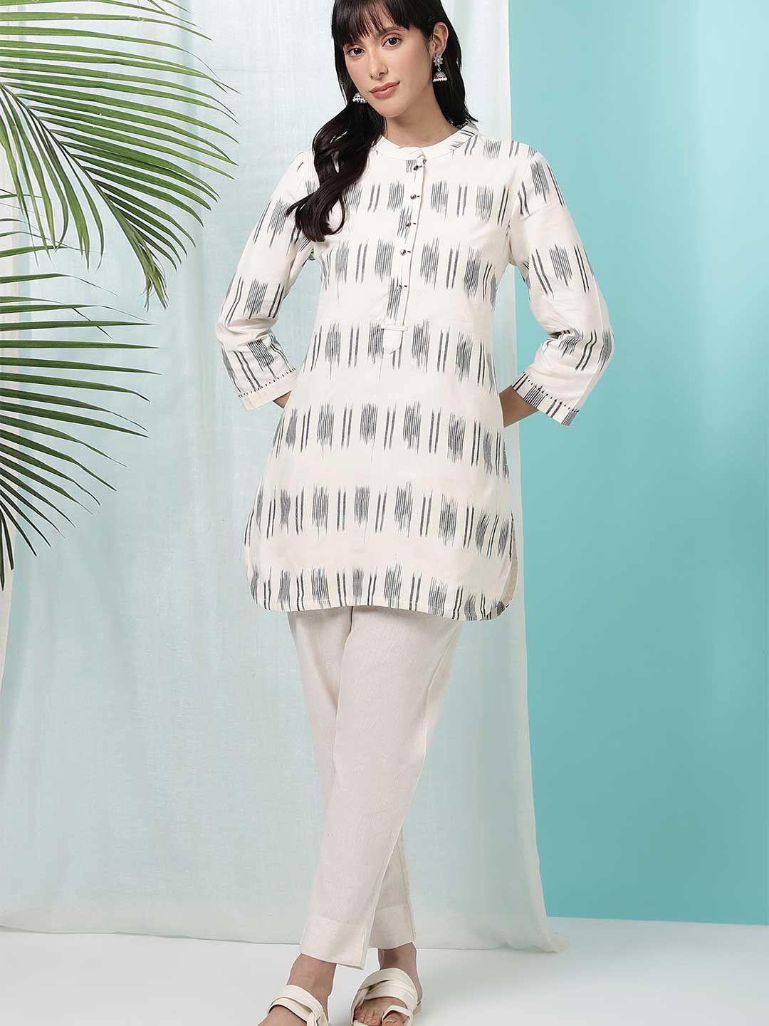 W W Cotton Geometric Printed Thread Work Mandarin Collar A-Line Kurti