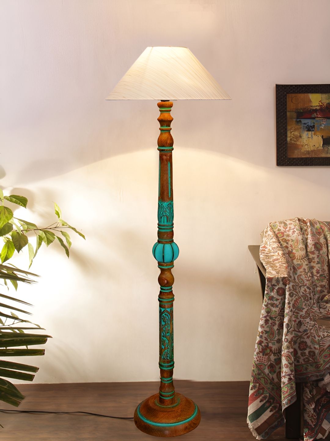 Devansh Off White & Turquoise Blue Frustum Shaped Traditional Wooden Floor Lamp