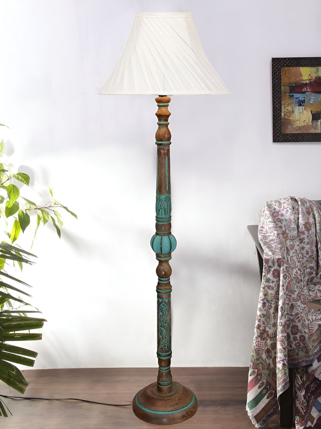 Devansh Off White & Turquoise Blue Frustum Shaped Traditional Wooden Floor Lamp