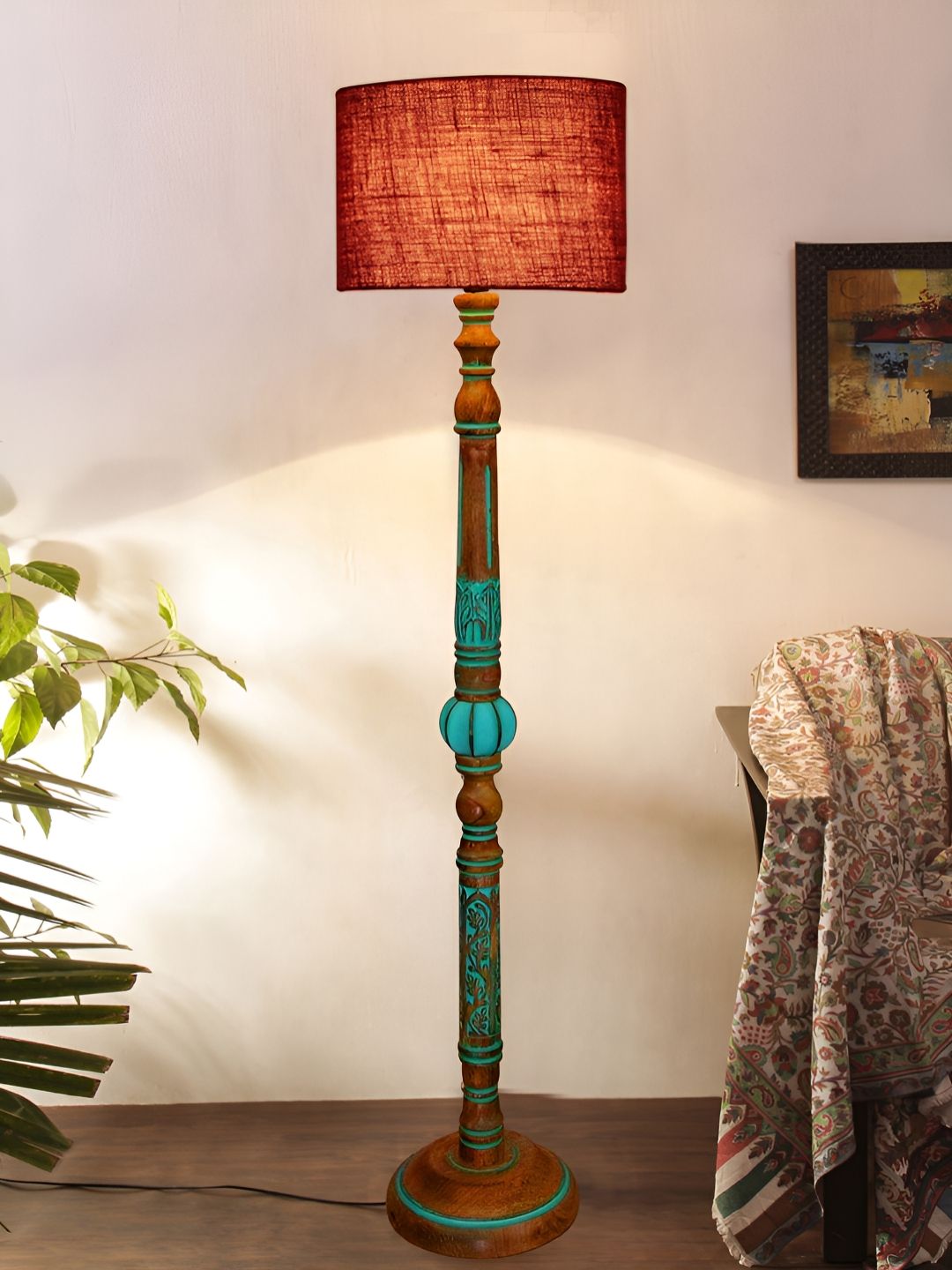 Devansh Red & Blue Cylinder Shaped Wooden Traditional Floor Lamp