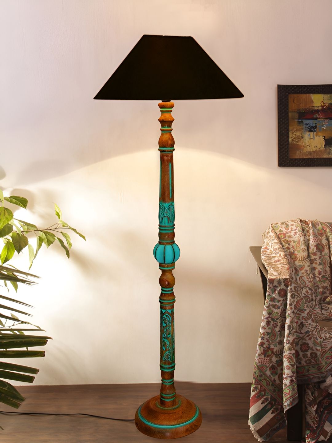 Devansh Black & Brown Frustum Floor Lamp With Wooden Base