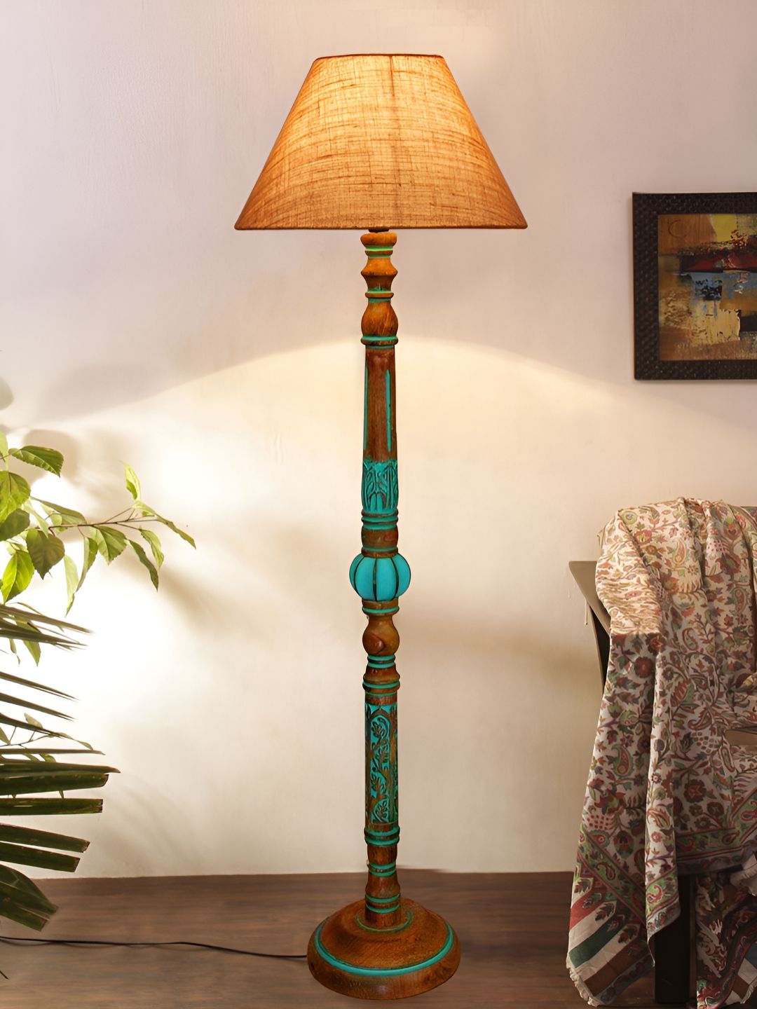 Devansh Beige & Turquoise Blue Abstract Shaped Floor Lamp With Wooden Base