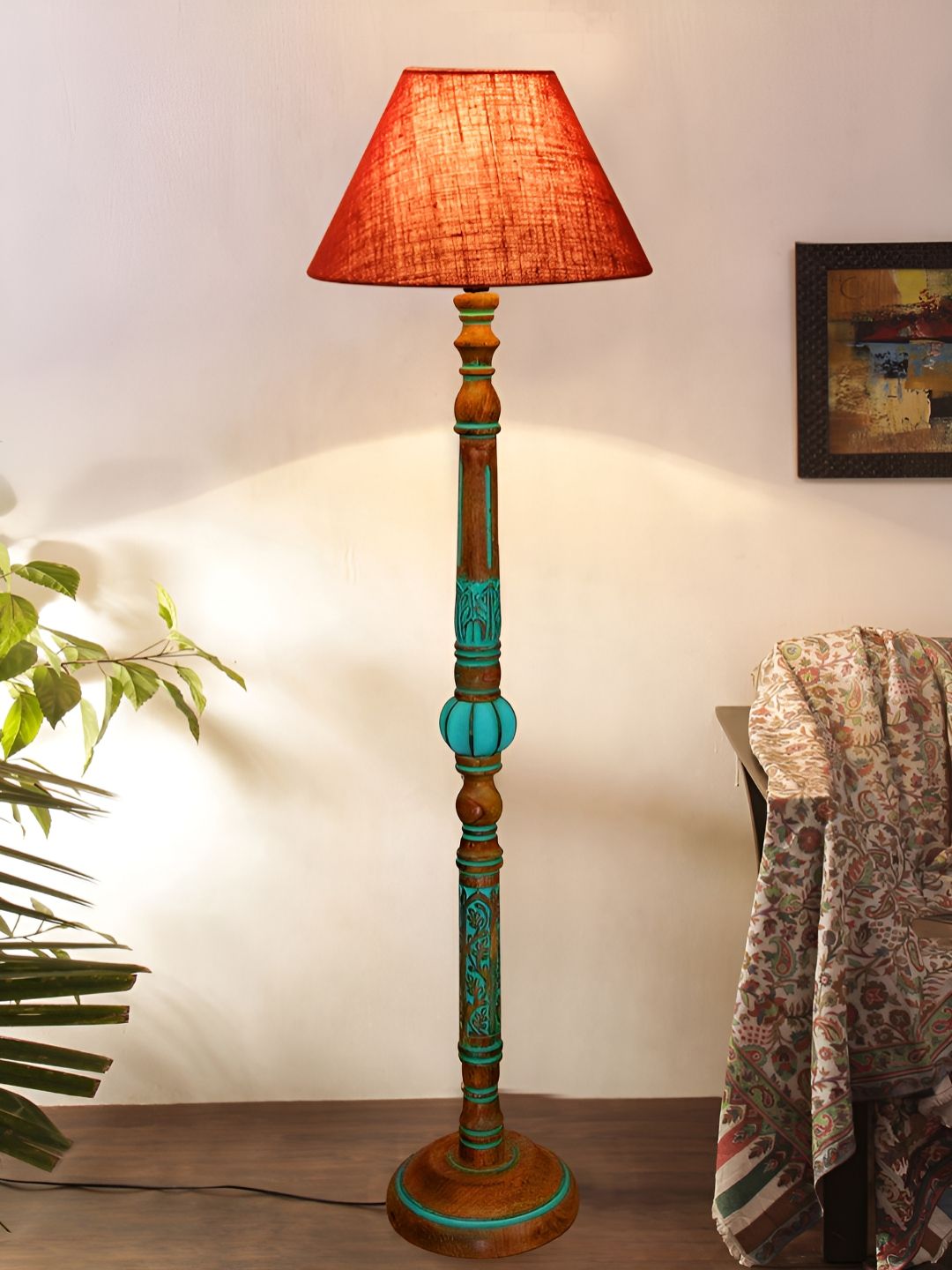 Devansh Maroon & Blue Frustum Shaped Wooden Traditional Floor Lamp
