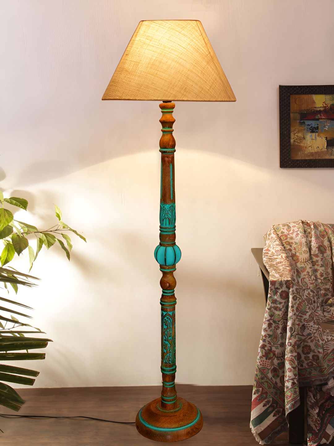 Devansh White & Turquoise Blue Frustum Shaped Traditional Wooden Floor Lamp