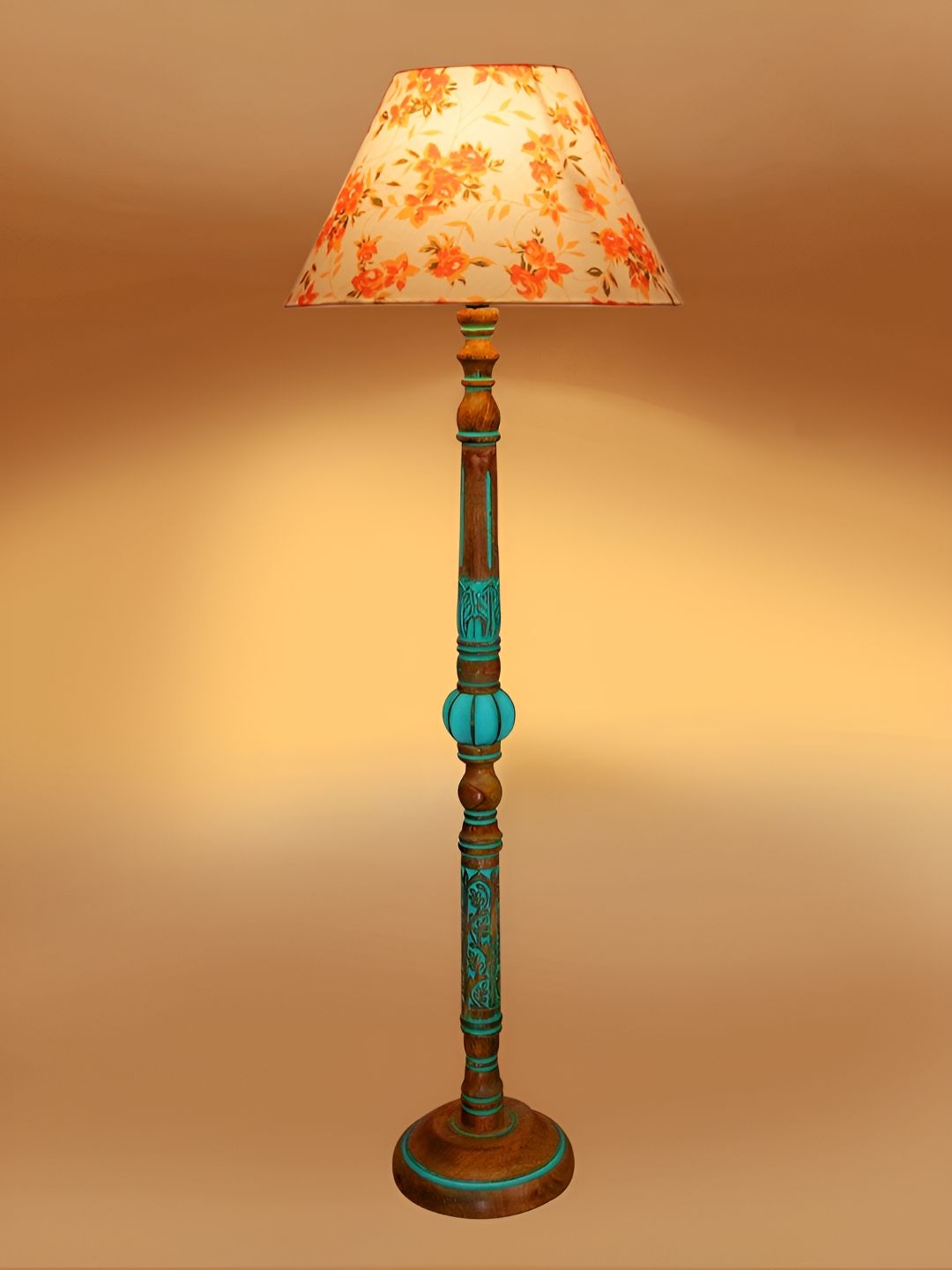 Devansh White & Orange Printed Frustum Shape Wooden Floor Lamp