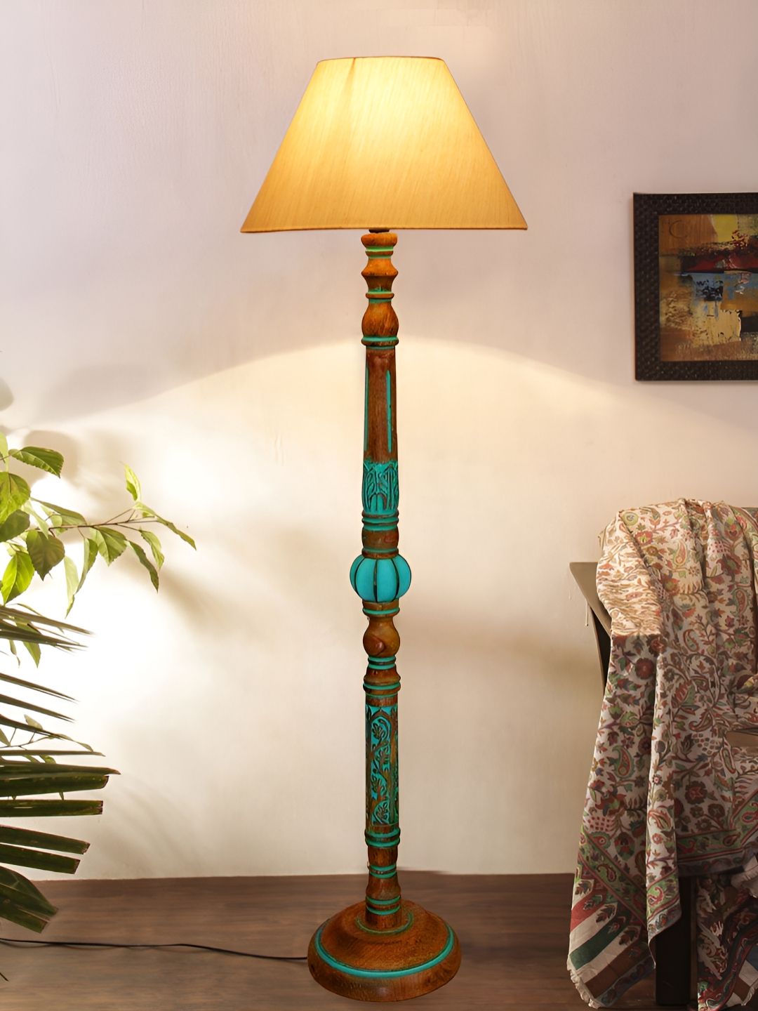 Devansh Off White & Blue Frustum Shaped Wooden Traditional Floor Lamp