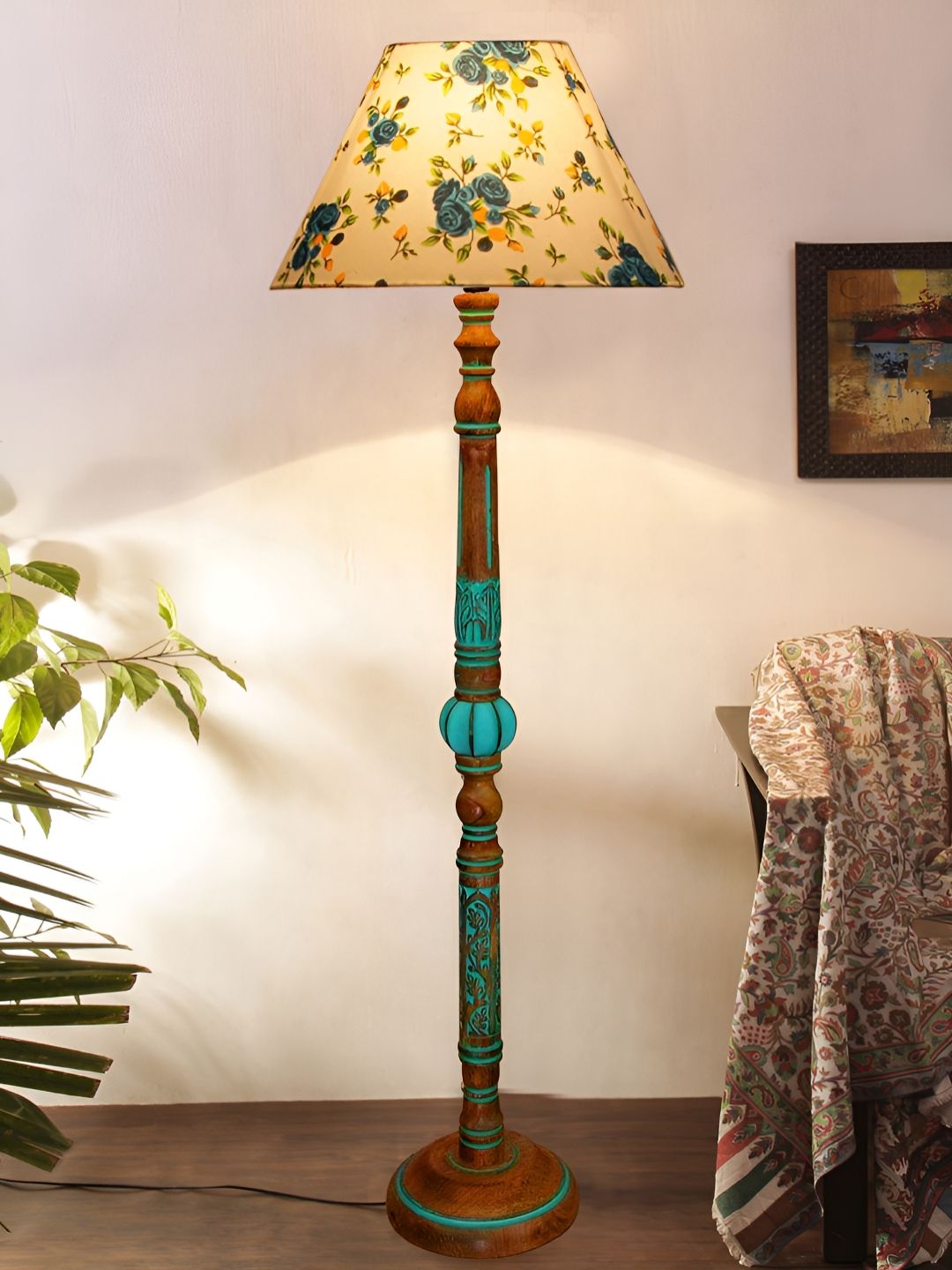 Devansh White & Blue Printed Frustum Shaped Traditional Wooden Floor Lamp