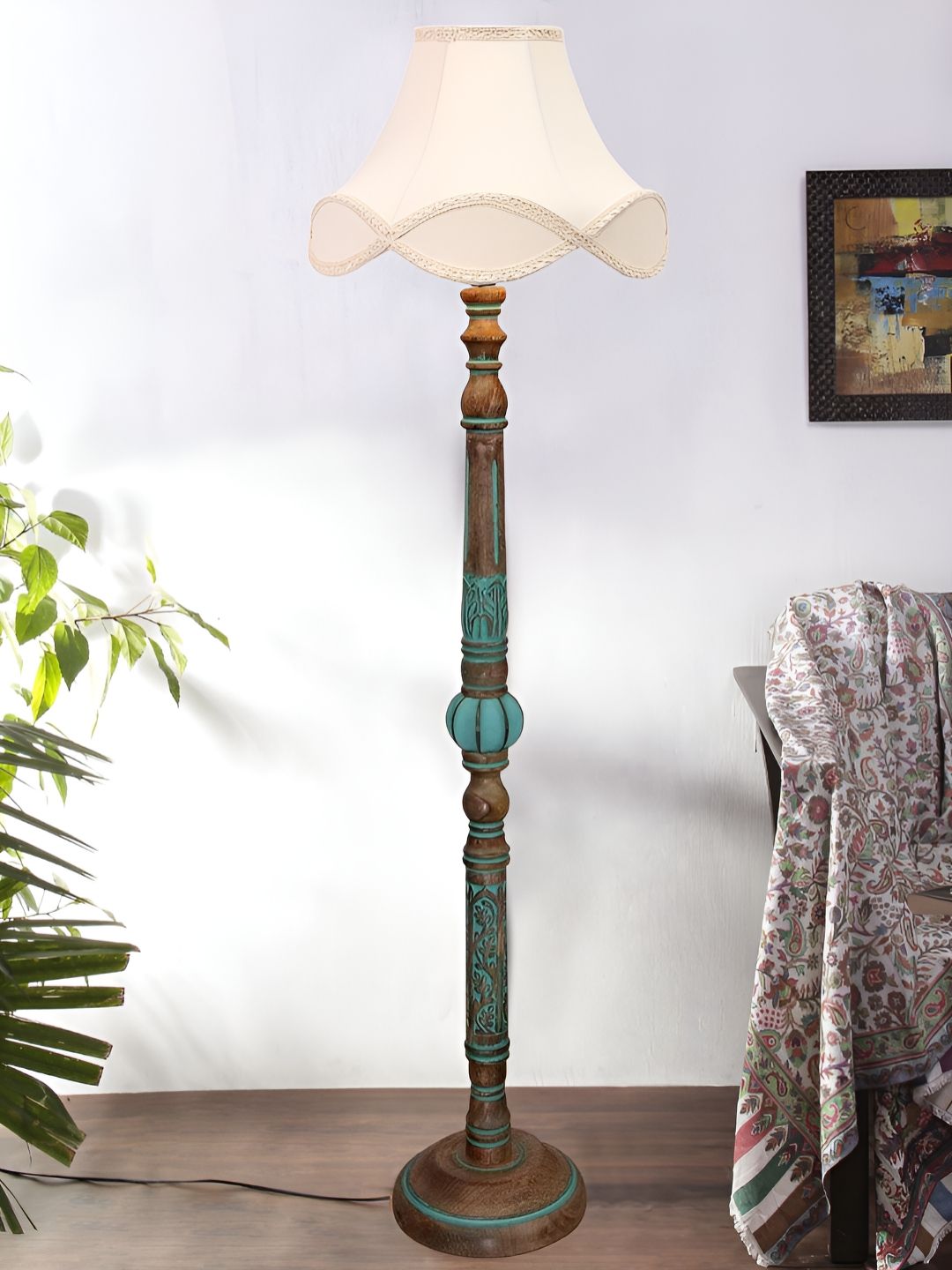 Devansh Off White & Brown Abstract Shaped Floor Lamp With Wooden Base