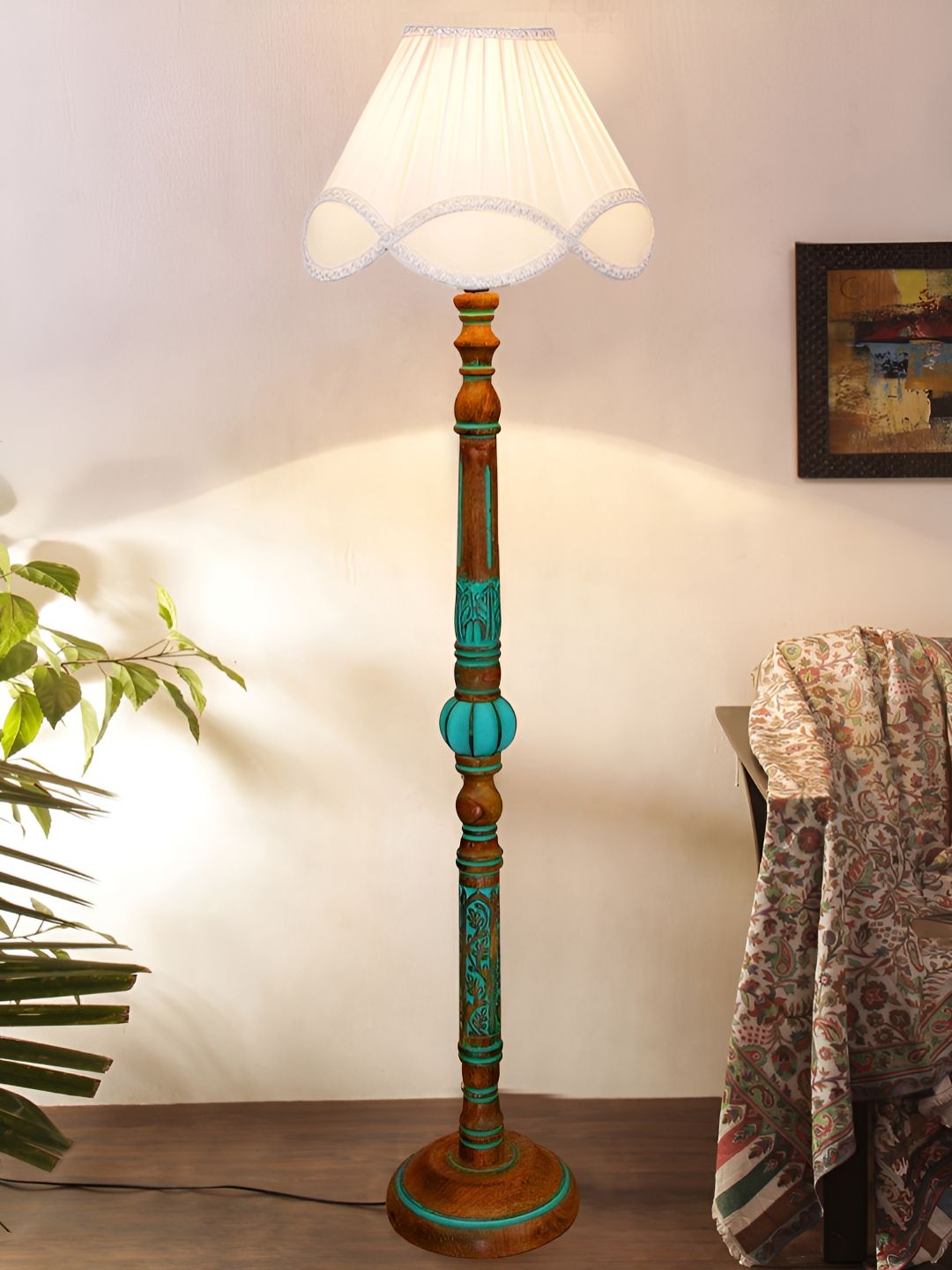 Devansh Off White & Blue Abstract Shaped Wooden Traditional Floor Lamp
