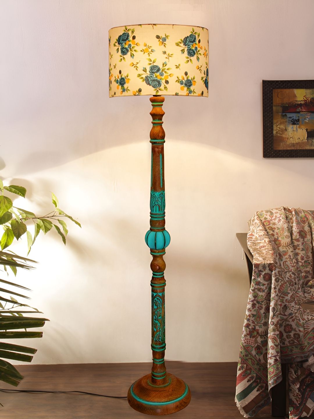Devansh White & Blue Floral Printed Cylinder Shaped Wooden Traditional Floor Lamp