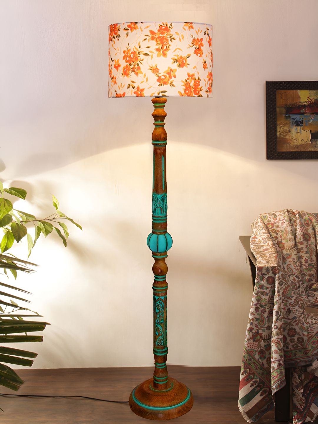 Devansh White & Turquoise Blue Printed Floor Lamp With Wooden Base
