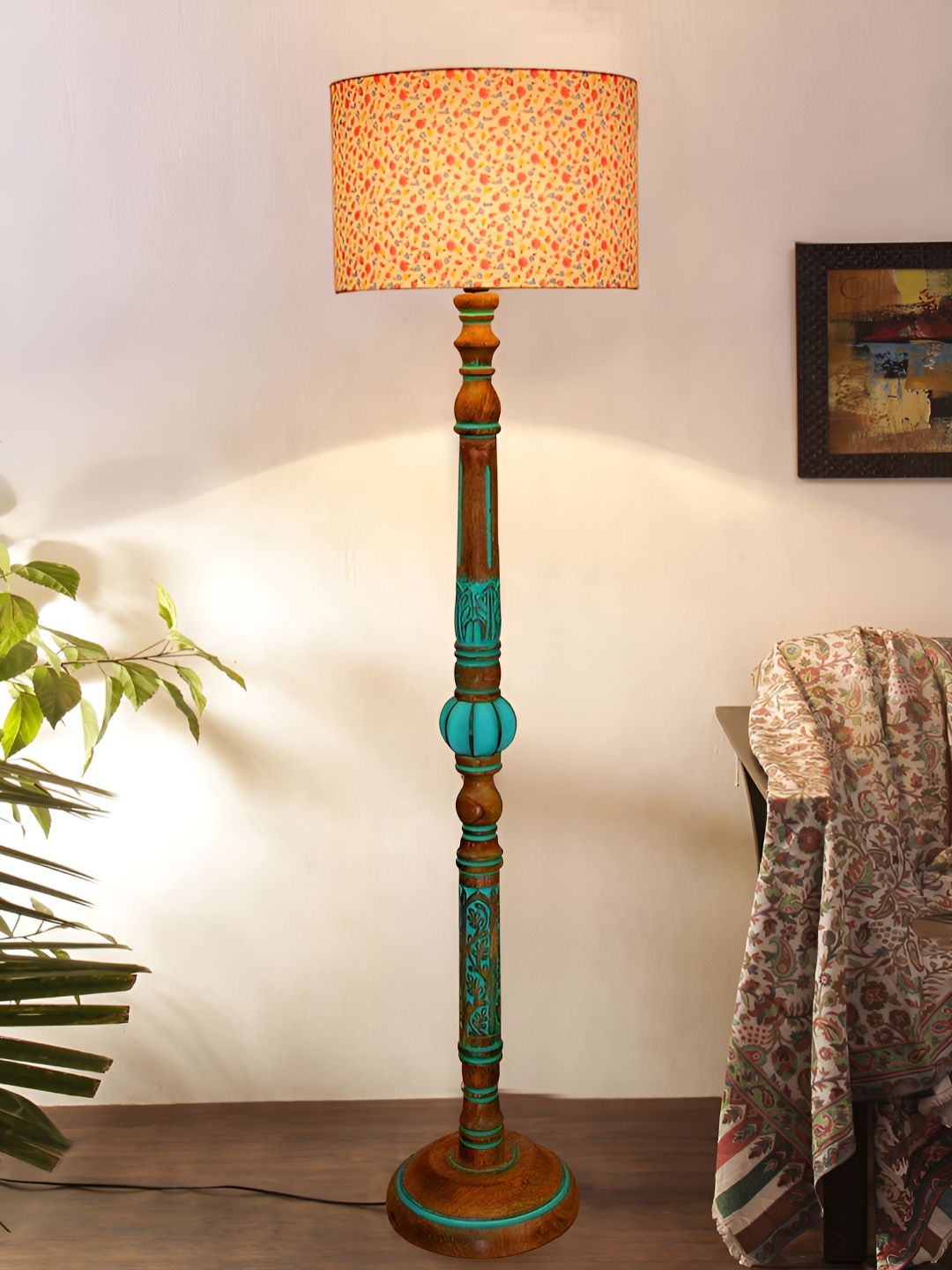Devansh White & Blue Printed Cylindrical Shaped Wooden Traditional Floor Lamp