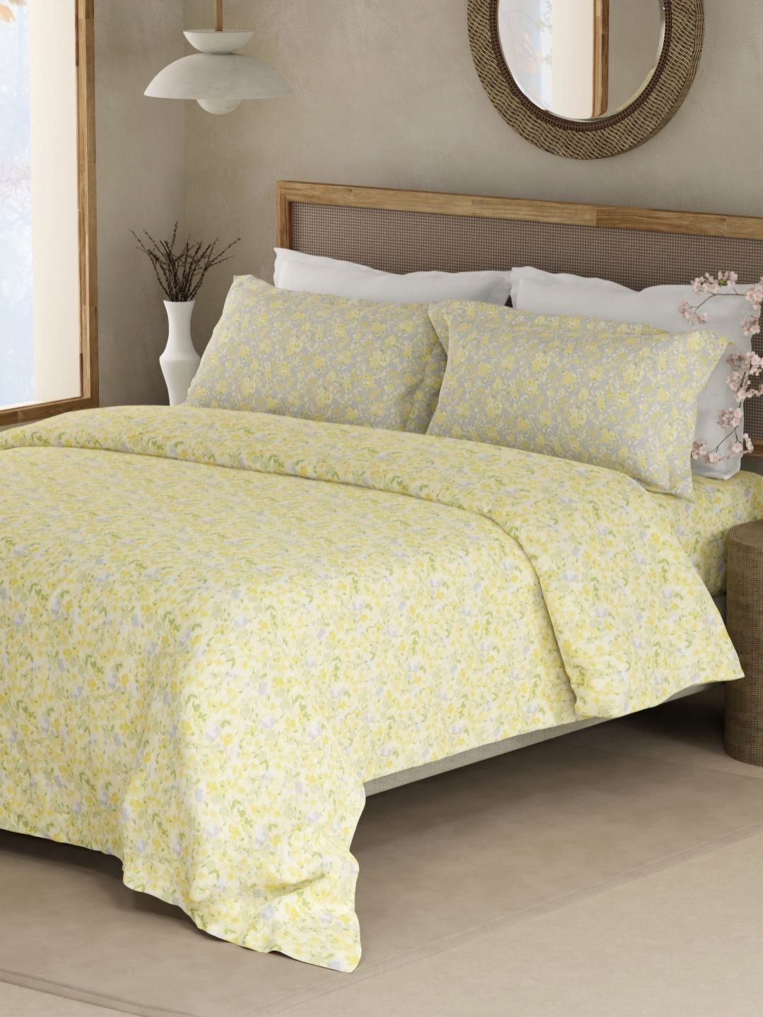 Boutique Living India Boutique Living India Valatia Yellow Printed Cotton 200TC Queen Bedsheet Set 2.5m x 2.24m