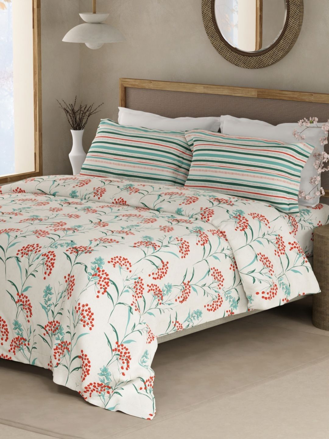Boutique Living India Boutique Living India Valatia White Printed Cotton 200TC Queen Bedsheet Set 2.5m x 2.24m