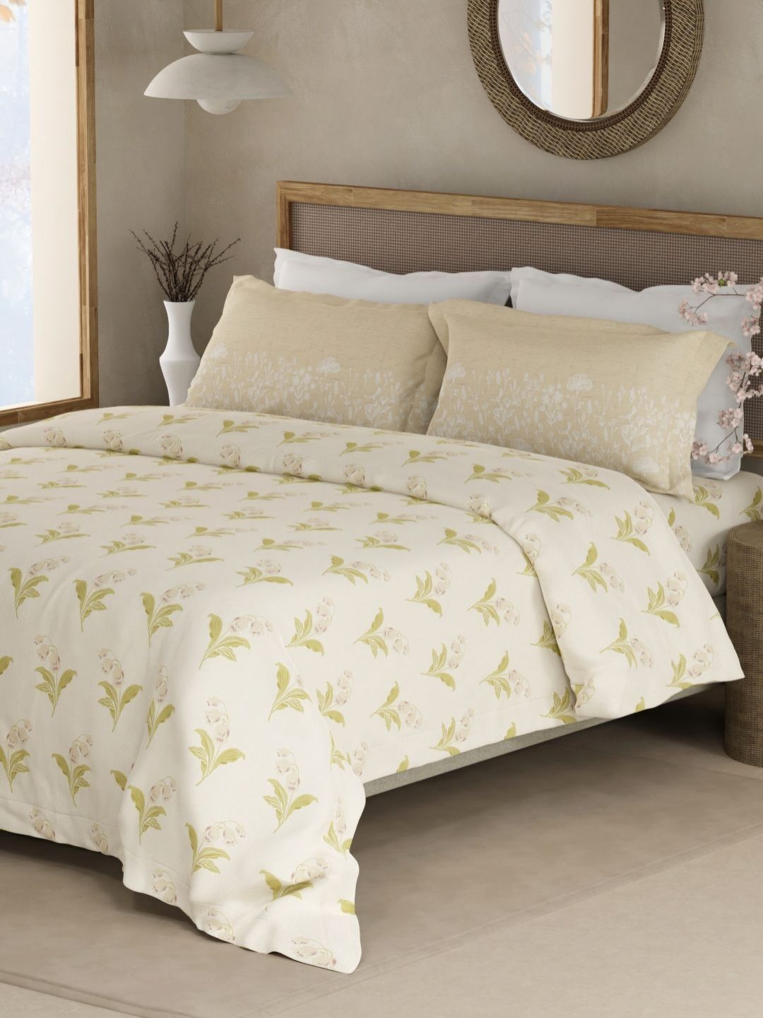 Boutique Living India Boutique Living India Valatia Cream Printed Cotton 200TC Queen Bedsheet Set 2.5m x 2.24m