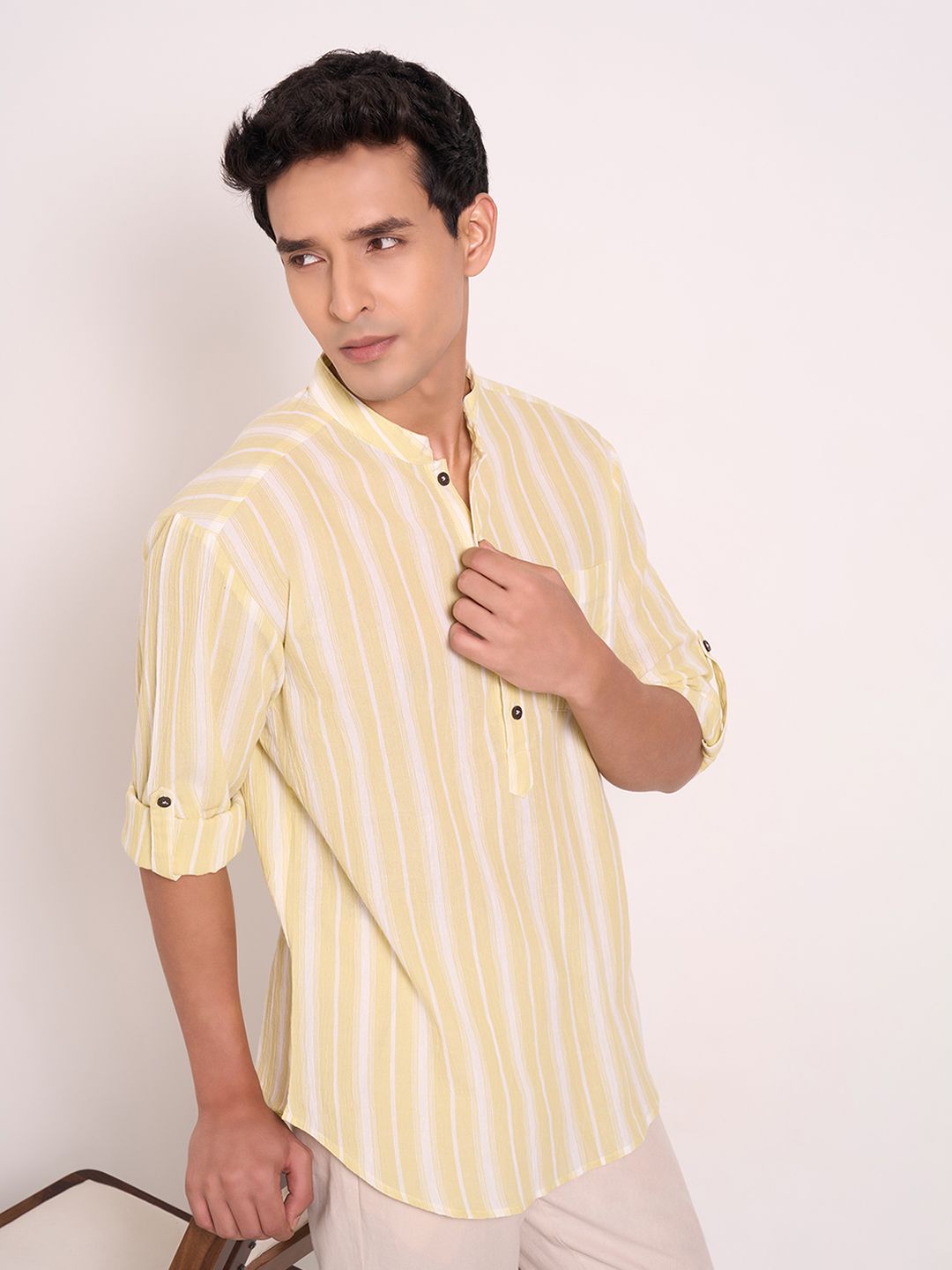 indus route by Pantaloons Striped Printed Mandarin Collar Cotton Straight Kurta