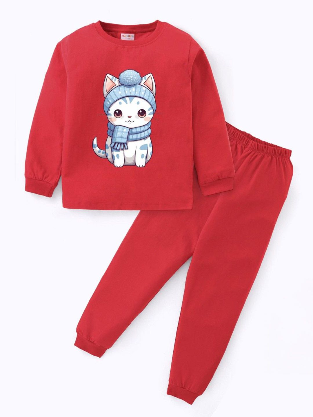 BLUSHES Kids Sitting Cat Printed Pure Cotton Full Sleeves Night Suit