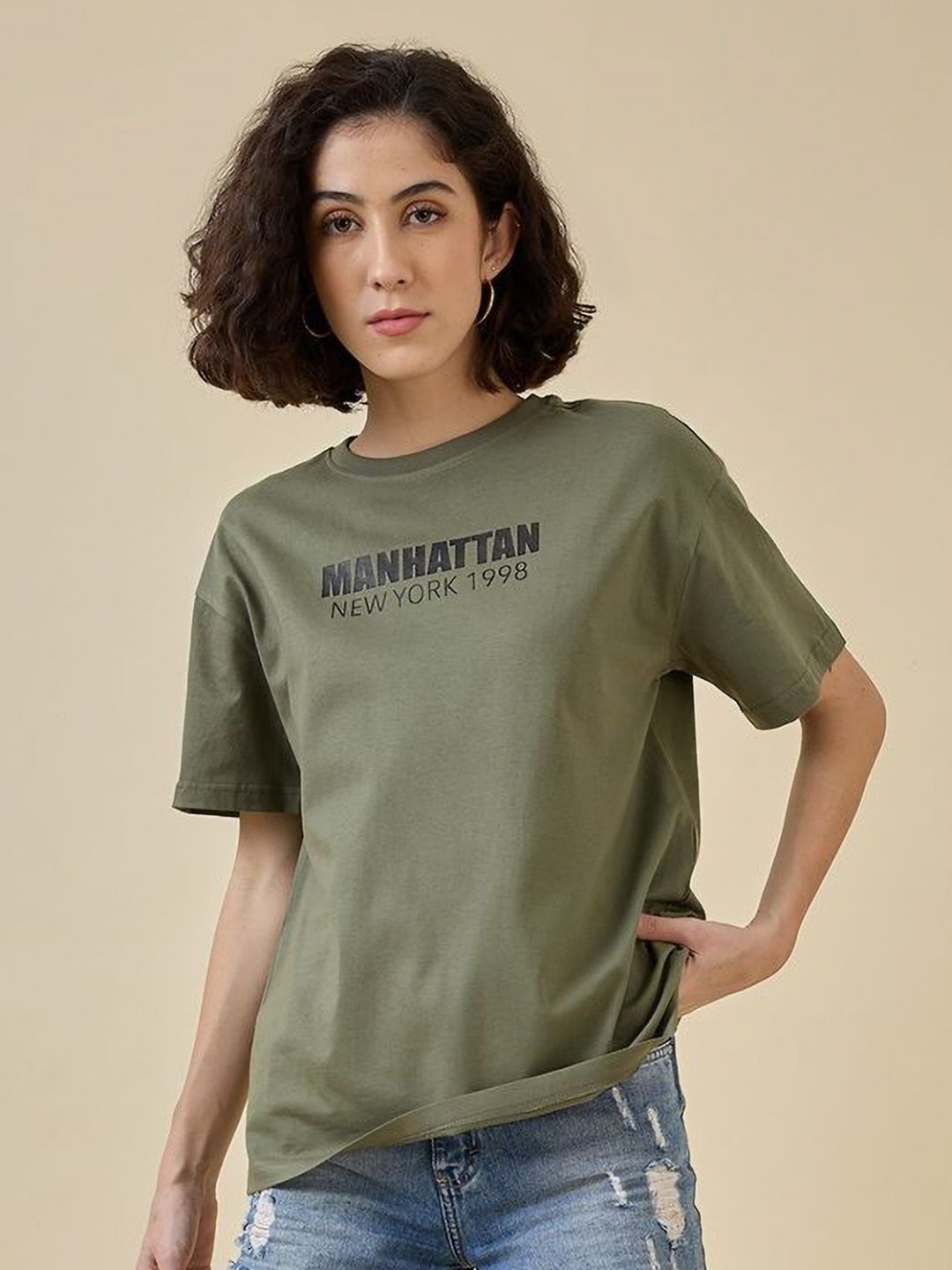 Mast & Harbour Women Graphic Printed Round Neck Cotton Oversized T-shirt