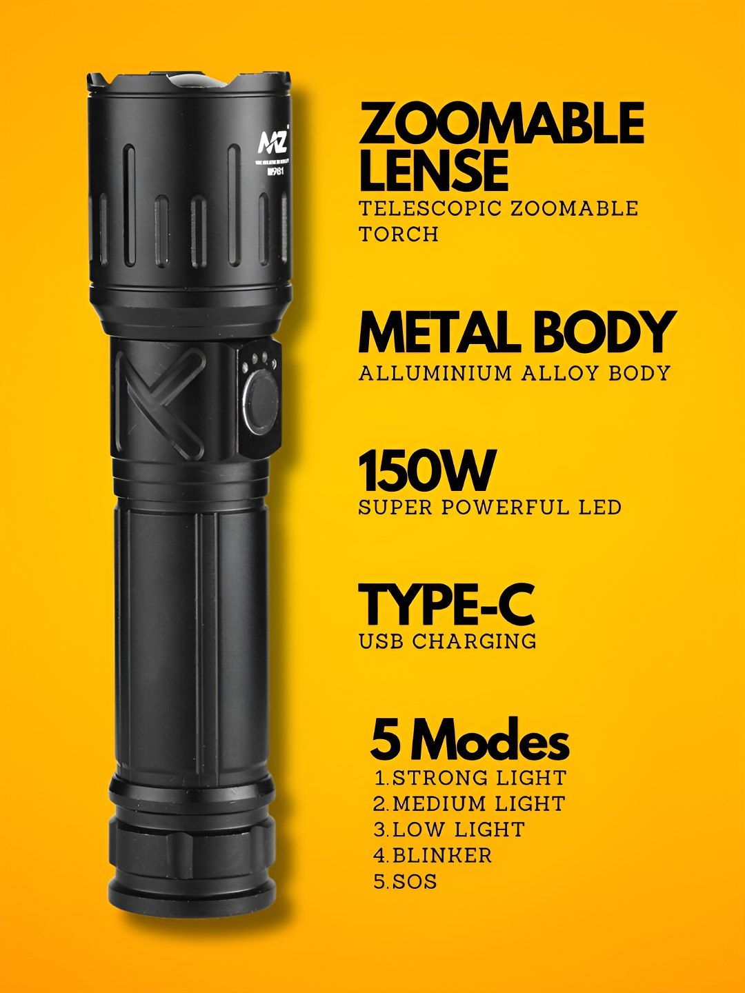 mnmnm⭐︎ Buy MZ M981 Black Metal Rechargeable Led Flashlight - Flashlight