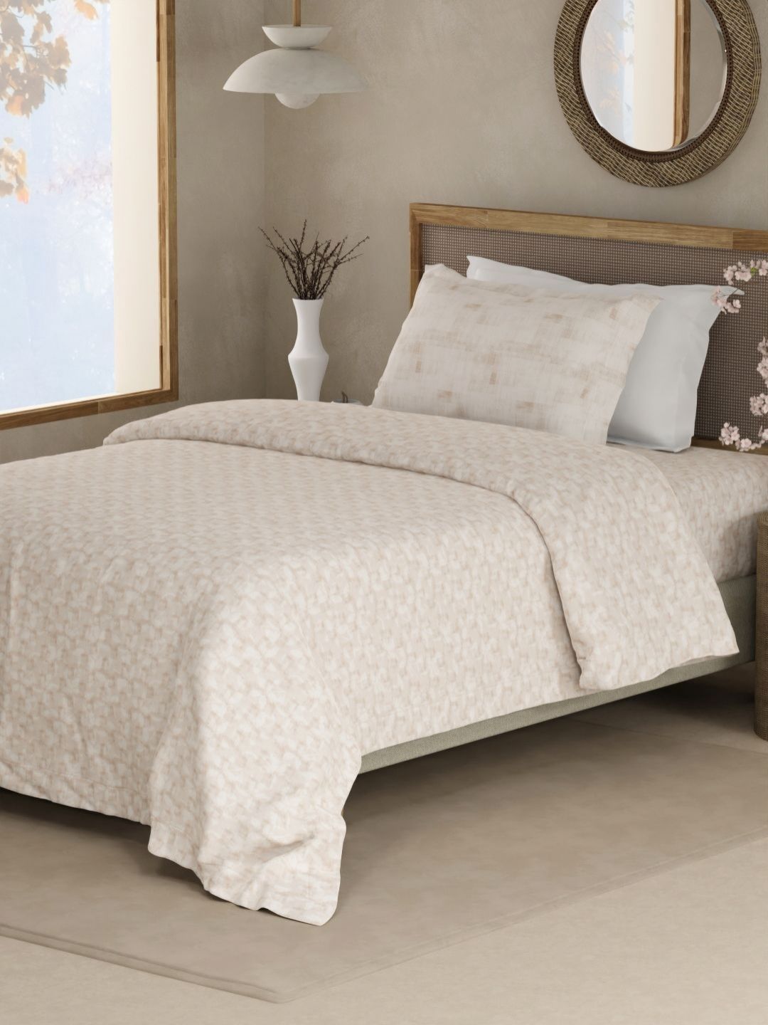 Boutique Living India Boutique Living India Valatia Beige Printed Cotton 200TC Single Bedsheet Set 2.2 m x 1.5 m