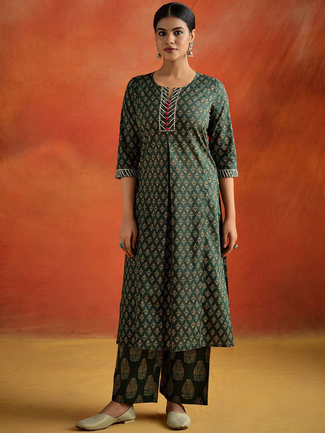 Jaipur Kurti Women Ethnic Motifs Printed Regular Gotta Patti Pure Cotton Kurta with Palazzos